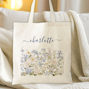 Watercolor Blue Flower Floral Garden Monogrammed Tote Bag