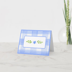 Watercolor Blue Flower Green Leaves Blue Check Note Card