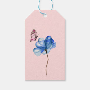 Watercolor Blue Flower w/Pink and Brown Butterfly Gift Tags