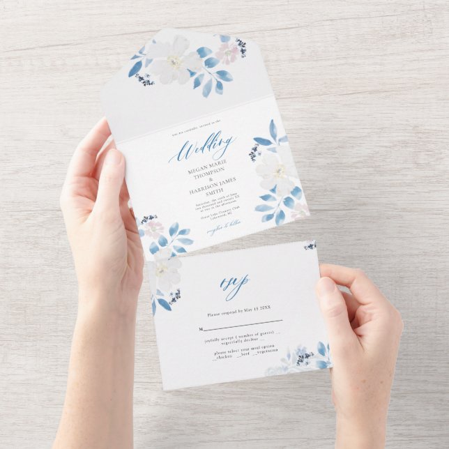 Watercolor Blue Flower Wedding Invitation (Tearaway)