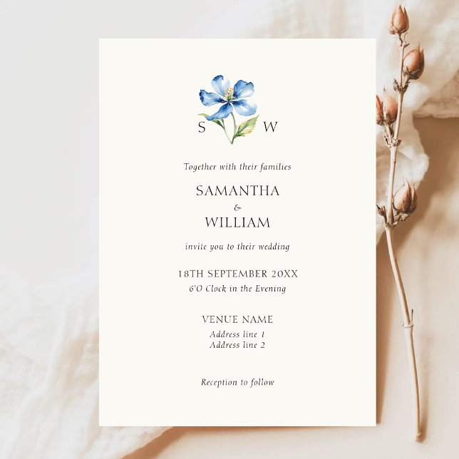 Watercolor Blue flower Wedding Invitation (Creator Uploaded)