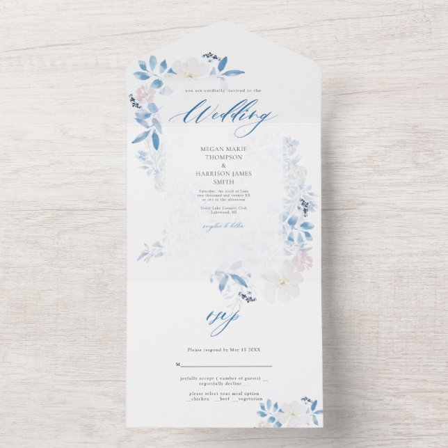 Watercolor Blue Flower Wedding Invitation (Inside)