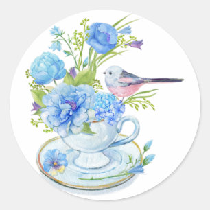 Watercolor Blue Flowers and Bird Tea Cup Classic Round Sticker