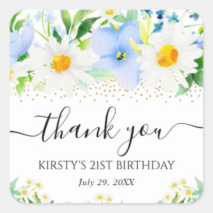 Watercolor Blue Flowers and Daisie Birthday Party Square Sticker