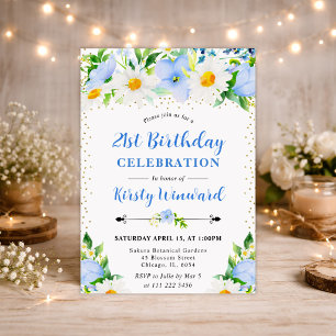 Watercolor Blue Flowers and Daisies 21st birthday Invitation
