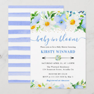 Watercolor Blue Flowers and Daisies Baby Shower Invitation