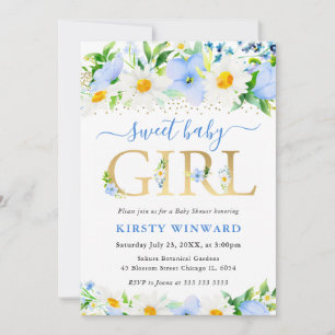 Watercolor Blue Flowers and Daisies Baby Shower Invitation