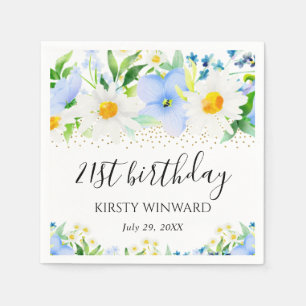 Watercolor Blue Flowers and Daisies Birthday Napkin
