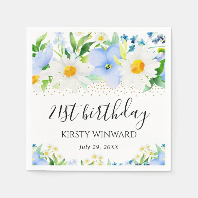 Watercolor Blue Flowers and Daisies Birthday Napkin (Front)