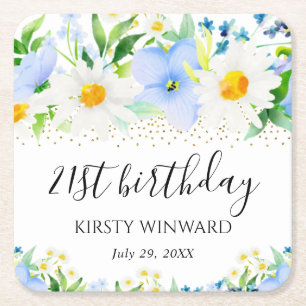 Watercolor Blue Flowers and Daisies Birthday Square Paper Coaster
