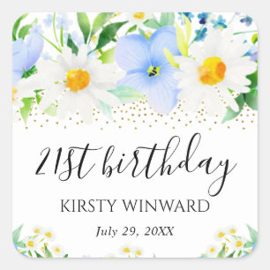 Watercolor Blue Flowers and Daisies Birthday Square Sticker