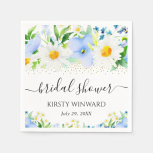 Watercolor Blue Flowers and Daisies Bridal Shower Napkin