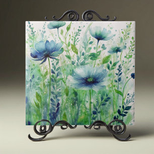Watercolor Blue Flowers and Green Foliage Tile
