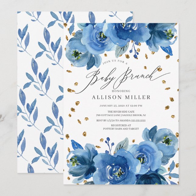 Watercolor Blue Flowers Baby Shower Brunch Invitation (Front/Back)