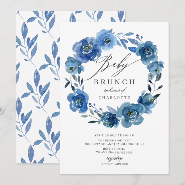Watercolor Blue Flowers Baby Shower Brunch Invitation (Front/Back)
