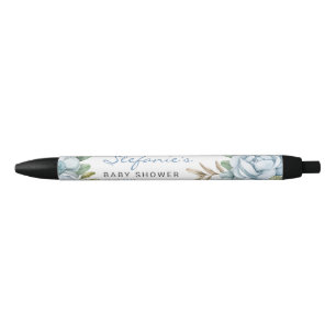 Watercolor Blue Flowers Baby Shower Favours Black Ink Pen