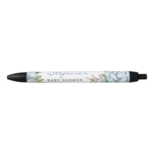 Watercolor Blue Flowers Baby Shower Favours Black Ink Pen (Front)