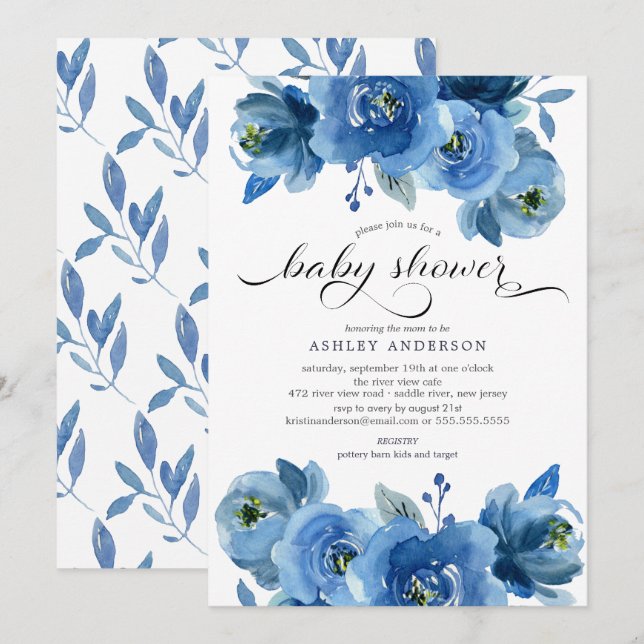 Watercolor Blue Flowers Baby Shower Invitation (Front/Back)