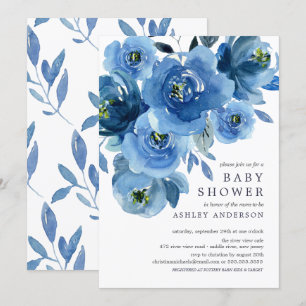 Watercolor Blue Flowers Baby Shower Invitation
