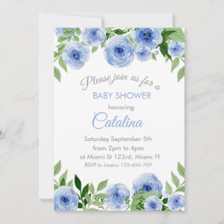Watercolor Blue Flowers Baby Shower Invitation