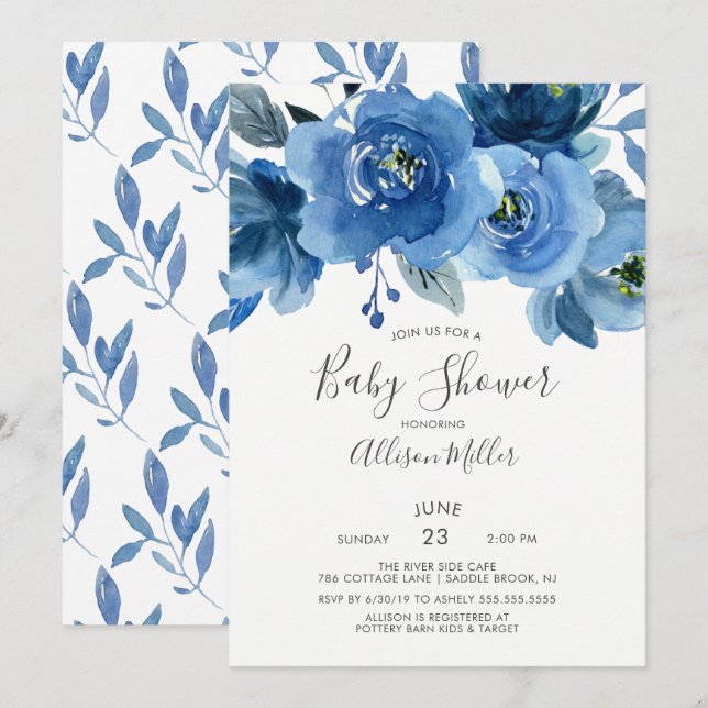 Watercolor Blue Flowers Baby Shower Invitation (Front/Back)
