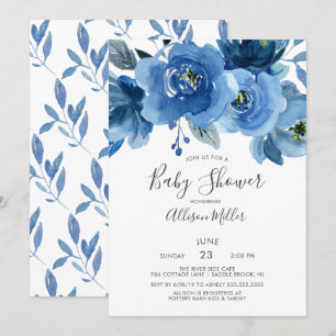 Watercolor Blue Flowers Baby Shower Invitation