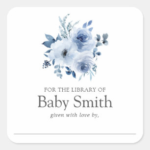 Watercolor Blue Flowers Baby Shower Library Square Sticker
