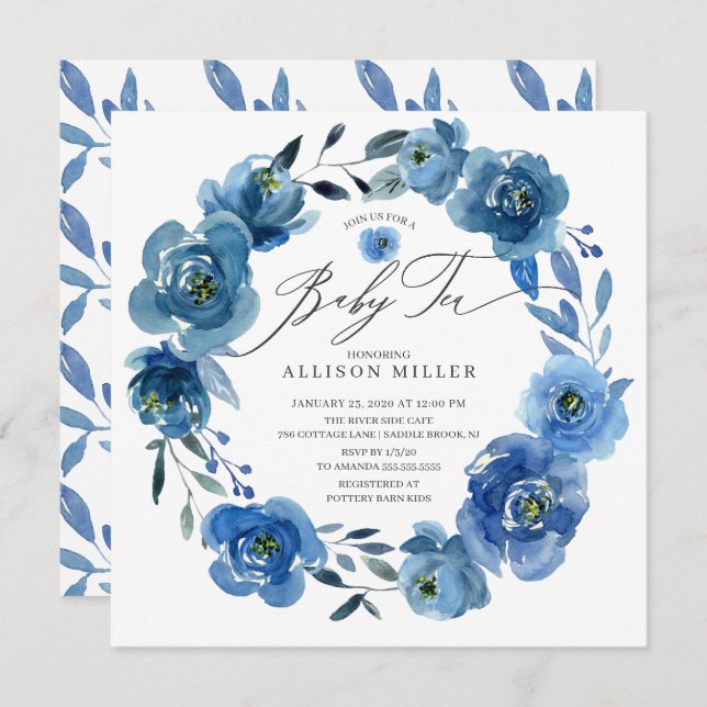 Watercolor Blue Flowers Baby Shower Tea Invitation (Front/Back)