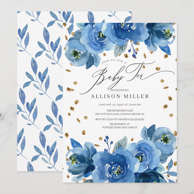 Watercolor Blue Flowers Baby Shower Tea Invitation (Front/Back)