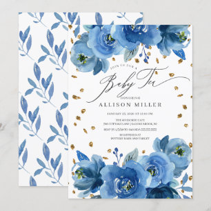 Watercolor Blue Flowers Baby Shower Tea Invitation