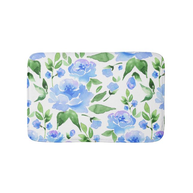 Watercolor blue flowers bath mat (Front)
