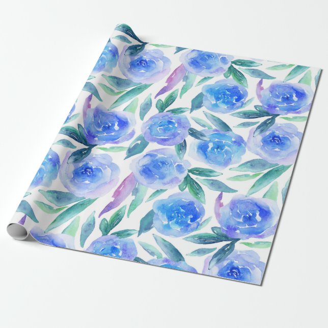 Watercolor blue flowers. Botanical floral pattern Wrapping Paper (Unrolled)
