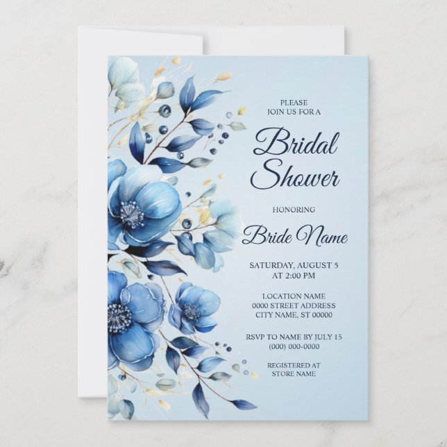 Watercolor Blue Flowers Bridal Shower Invitation (Front)