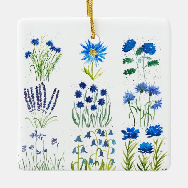Watercolor Blue Flowers Collection Chic Rustic Ceramic Ornament (Front)