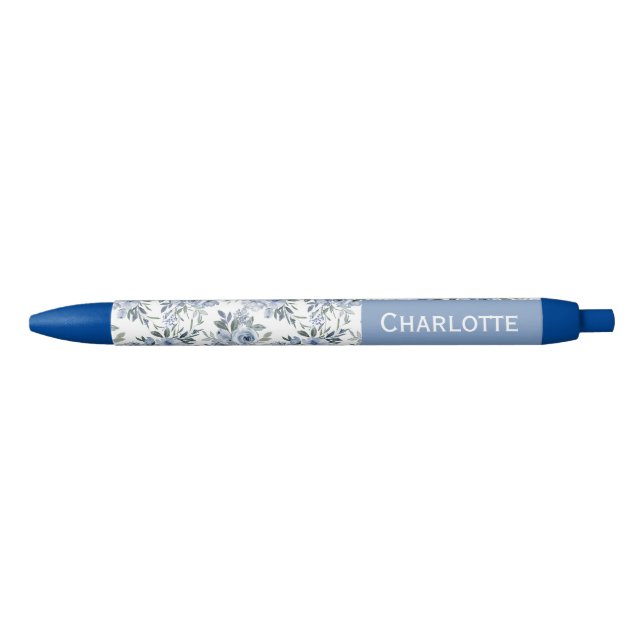 Watercolor Blue Flowers Custom Name  Blue Ink Pen (Front)