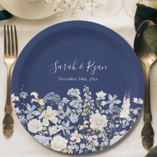 Watercolor Blue Flowers Elegant Floral Garden Paper Plate