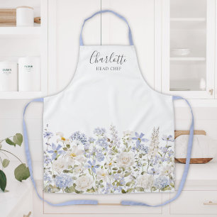 Watercolor Blue Flowers Elegant Floral Monogram Apron