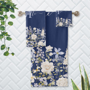 Watercolor Blue Flowers Elegant Floral Monogram Bath Towel Set