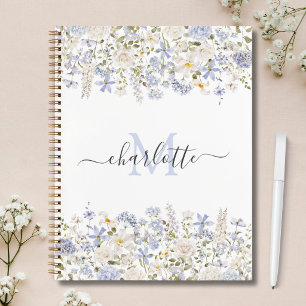 Watercolor Blue Flowers Elegant Script Monogrammed Notebook