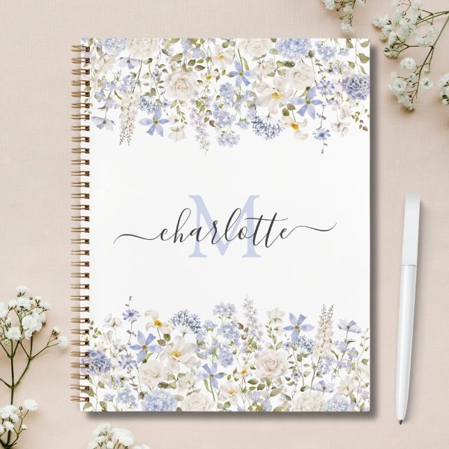 Watercolor Blue Flowers Elegant Script Monogrammed Notebook (Creator Uploaded)