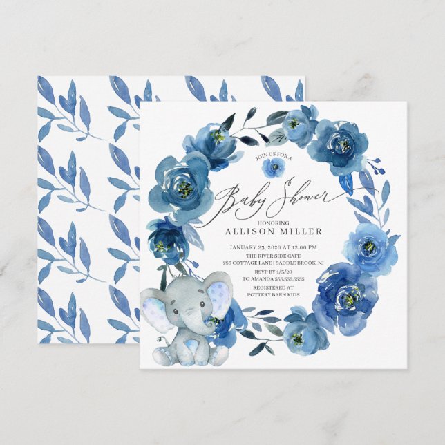 Watercolor Blue Flowers Elephant Baby Shower Invitation (Front/Back)