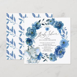 Watercolor Blue Flowers Elephant Baby Shower Invitation