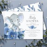 Watercolor Blue Flowers Elephant Baby Shower Invitation<br><div class="desc">Beautiful watercolor indigo navy blue flowers elephant baby shower design with a coordinating leaf back for an extra special touch.</div>