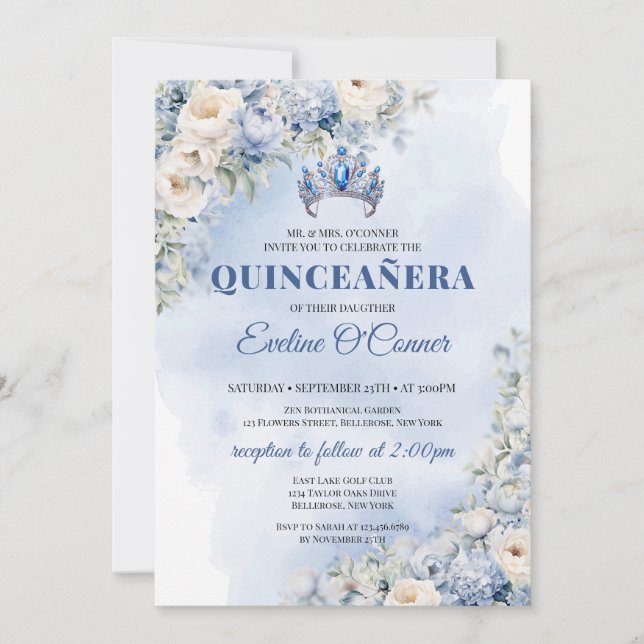 Watercolor blue flowers eucalyptus Quinceañera Invitation (Front)