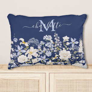 Watercolor Blue Flowers Floral Elegant Monogram Decorative Cushion