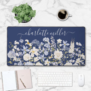 Watercolor Blue Flowers Floral Elegant Monogram Desk Mat