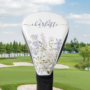 Watercolor Blue Flowers Floral Elegant Monogram Golf Head Cover