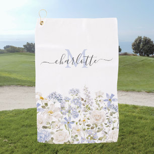 Watercolor Blue Flowers Floral Elegant Monogram Golf Towel