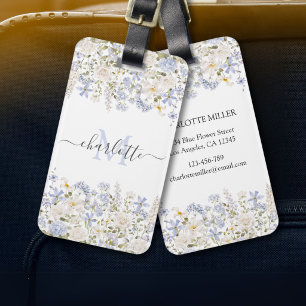 Watercolor Blue Flowers Floral Elegant Monogram Luggage Tag