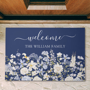 Watercolor Blue Flowers Floral Elegant Welcome Doormat